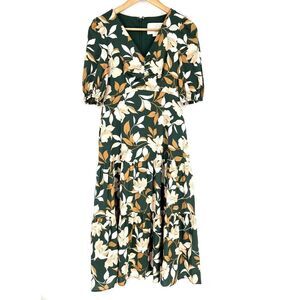 Gal Meets Glam Dress Size 0 Green Tiered Midi Tegan Floral Puff Sleeve Prairie